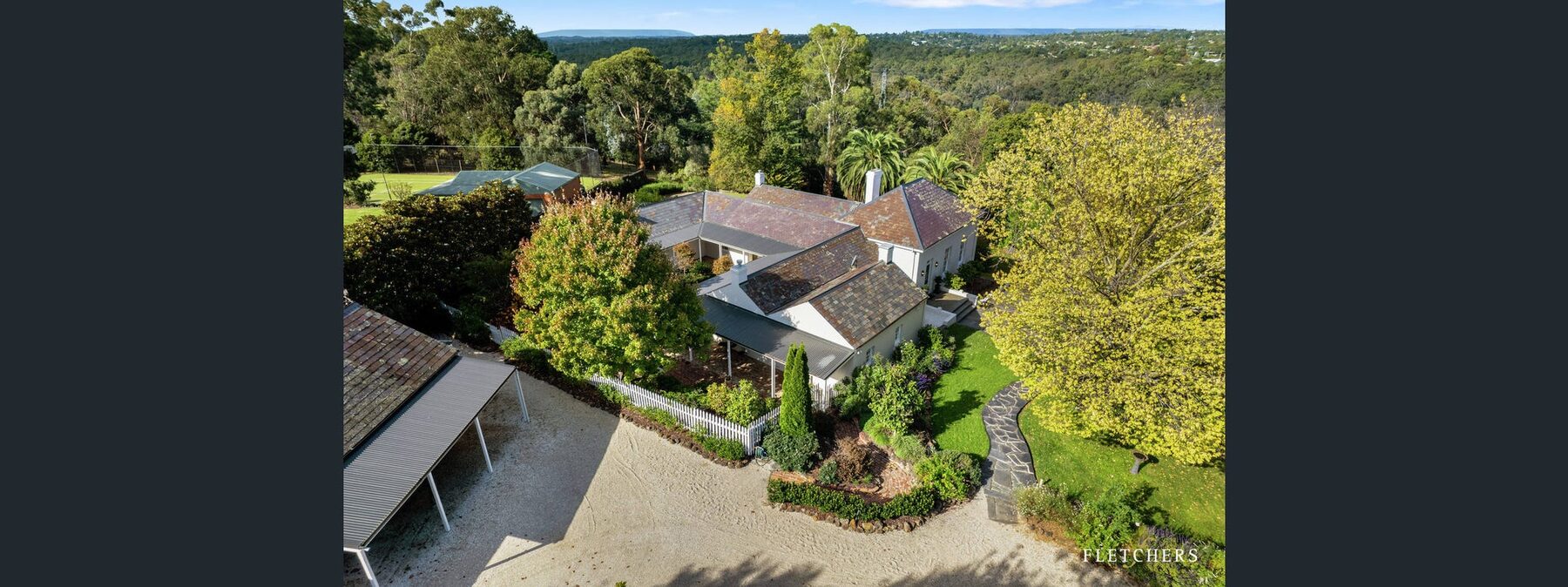 Aerial view of Rosehill Homestead and grounds after heritage rendering restoration