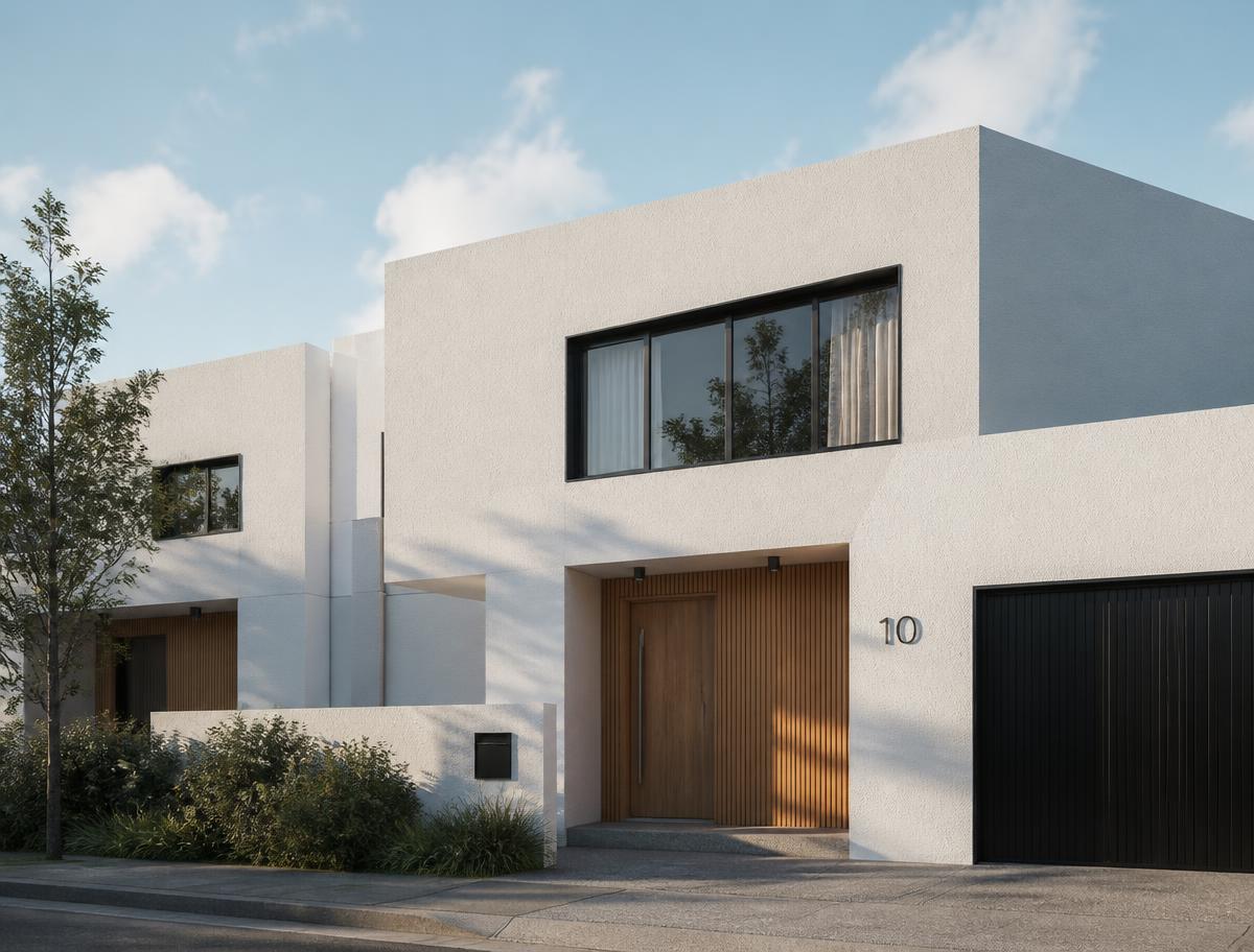Contemporary townhouse facade with white sponge-texture render