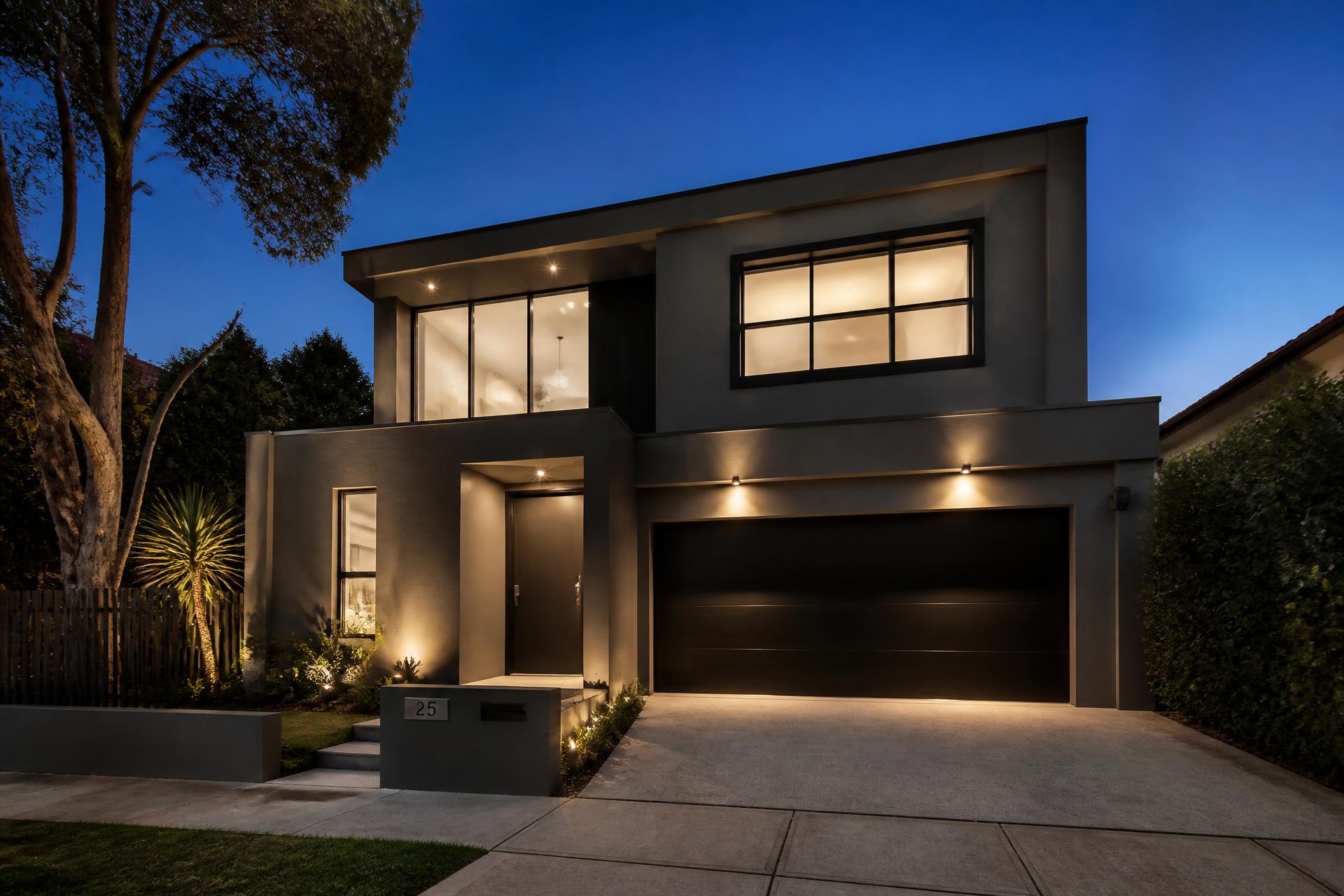 Two-storey Melbourne home finished in smooth charcoal acrylic render at dusk